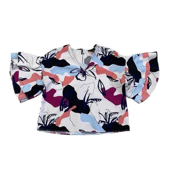 Halogen Blouse Women's XS Extra Small White Blue Pink Floral Short Sleeve Top - Picture 4 of 14